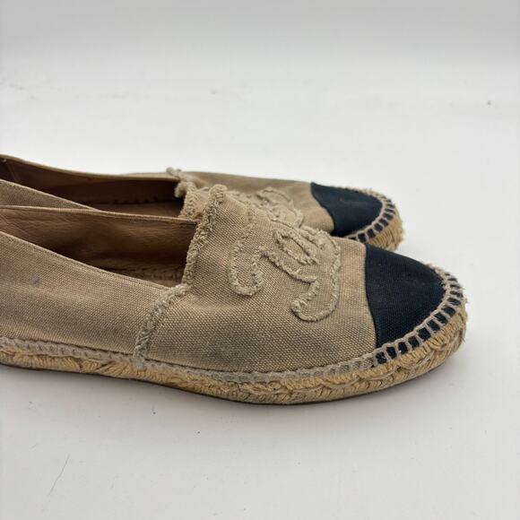 Chanel CC Logo Canvas Black Cap Toe Espadrilles Slip Ons Women's 37 - Picture 12 of 14